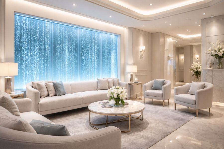 高級感と清潔感を両立した美容クリニックの待合室内装デザイン