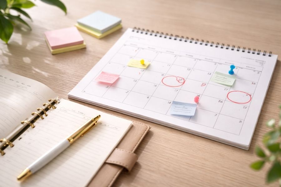 美容クリニック開業スケジュールを計画するカレンダーと手帳