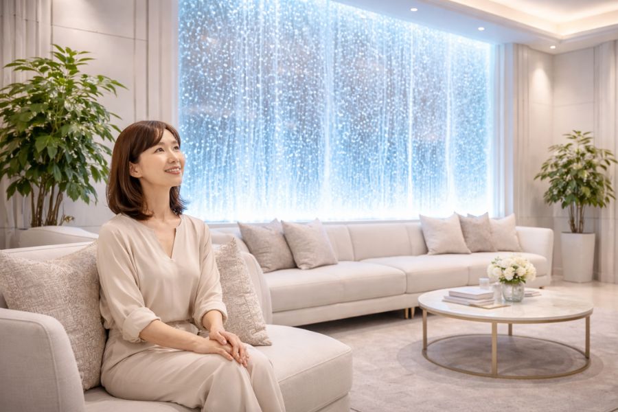 バブルウォールのある美容クリニック待合室でリラックスする患者