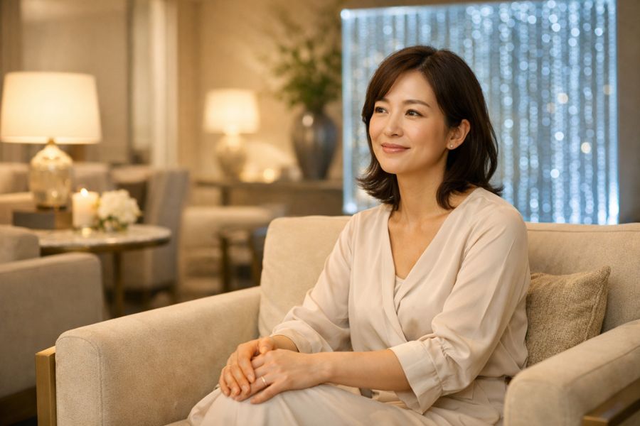 美容クリニックの待合室でリラックスする女性患者