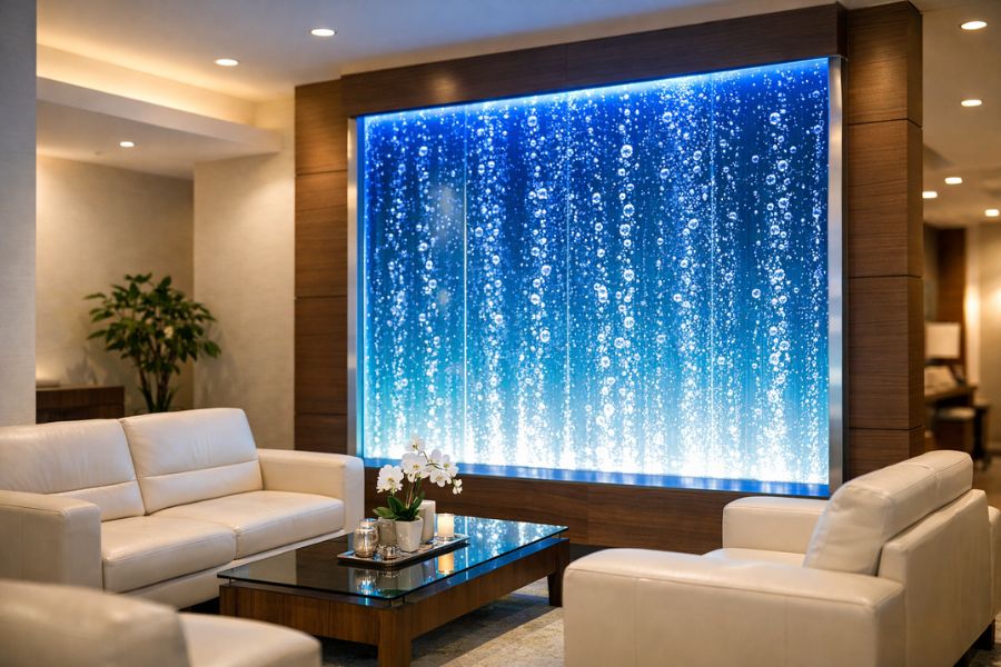 美容クリニック待合室に設置されたバブルウォールの水のインテリア