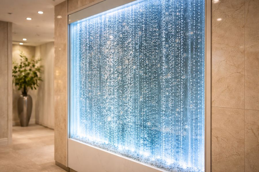 LEDライトで照らされたバブルウォールの気泡が上昇する様子