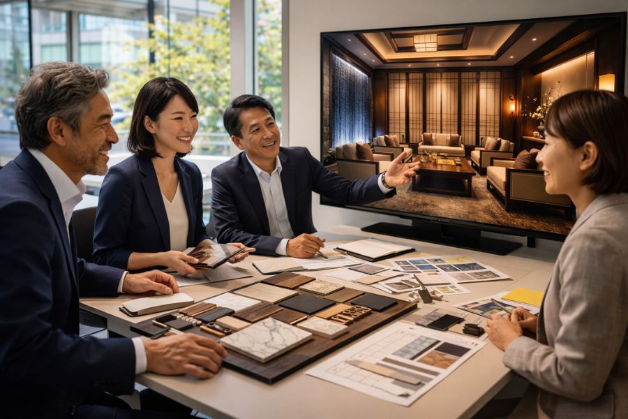 カジノVIPルーム設計プロジェクトの日本人設計チーム打合せ風景