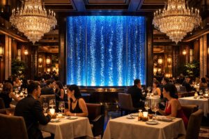 カジノホテルの高級レストラン内装デザイン｜シャンデリアとウォーターインテリアが調和するラグジュアリー空間
