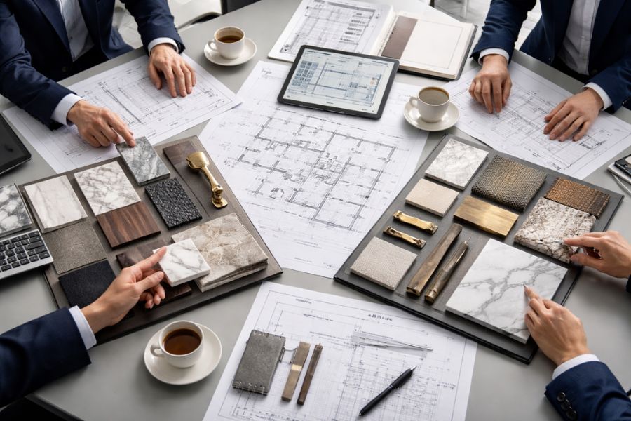 カジノ内装デザインの設計図面と素材サンプルによる費用検討の様子