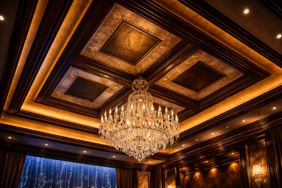 カジノVIPルームのシャンデリアと間接照明による空間演出