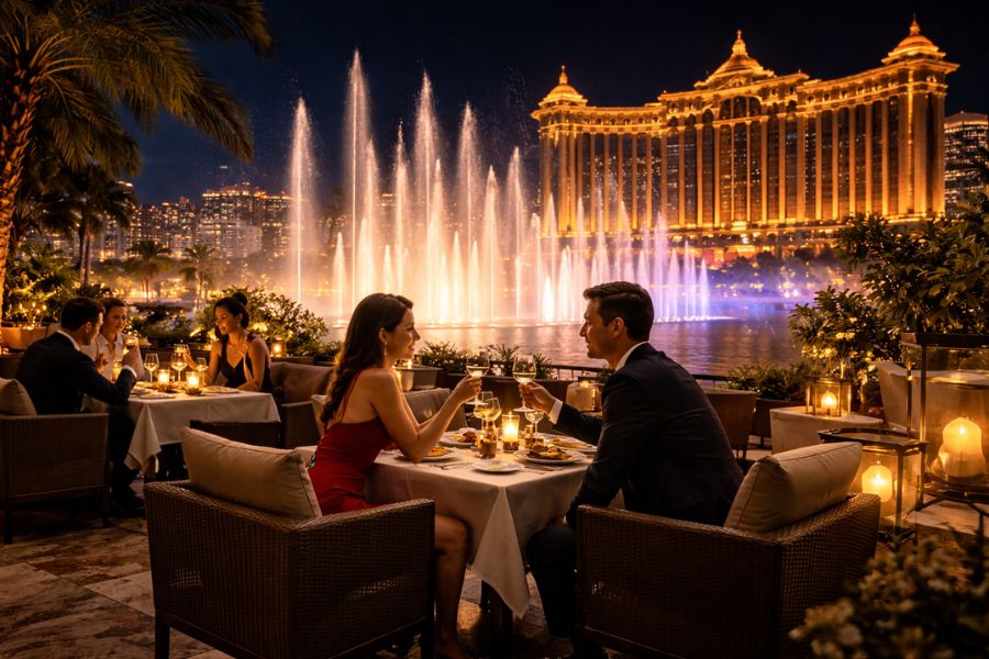 世界のカジノリゾート成功事例｜噴水ショーを望むテラス席でのラグジュアリーダイニング