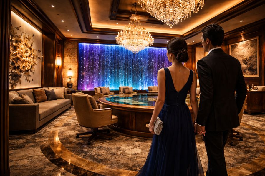 完成したカジノVIPルームに訪れるゲストと高級空間の全景