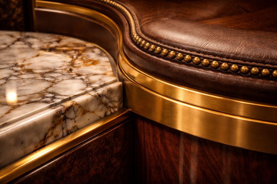 カジノVIPルームに使用される高級素材（大理石・本革・金属装飾）のディテール