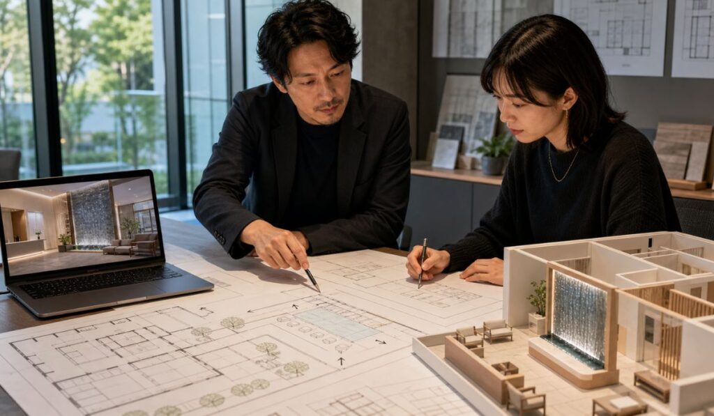 設計事務所の打ち合わせテーブルでクリニックの平面図と診療科別動線図を確認する建築設計担当者
