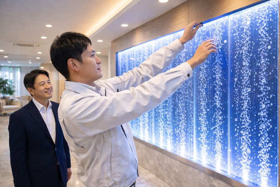 クリニック内装工事でバブルウォールを設置する専門業者と完成を見守る院長