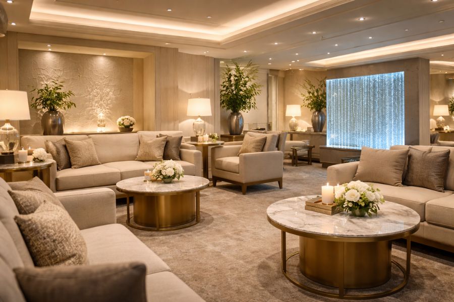 照明・家具・植物・水のインテリアを組み合わせた美容クリニック待合室