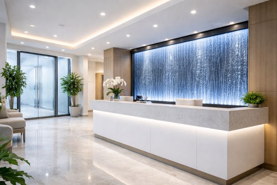 クリニック受付エリアのウォーターウォールと洗練された第一印象を演出する空間