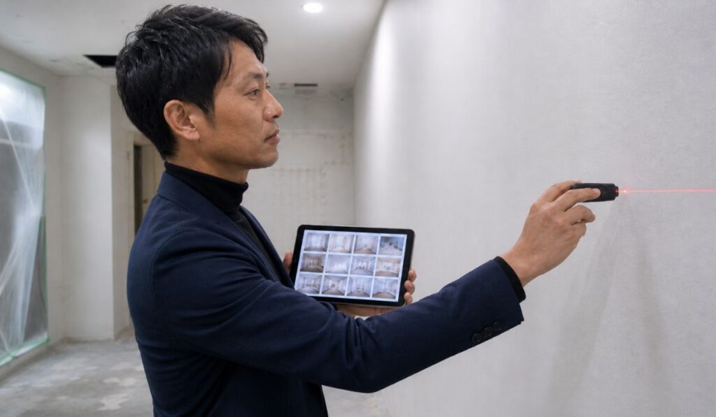 クリニック改装現場で施工実績タブレットを左手に、レーザー距離計を右手に持ち、設置予定壁面を測定する代理店の現地調査担当者
