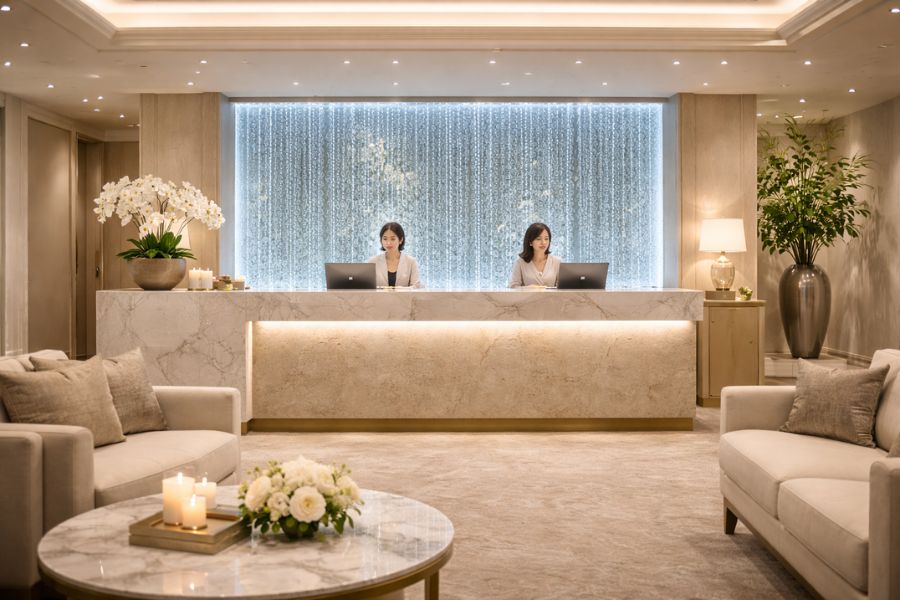 バブルウォールを設置した高級感のある美容クリニック受付