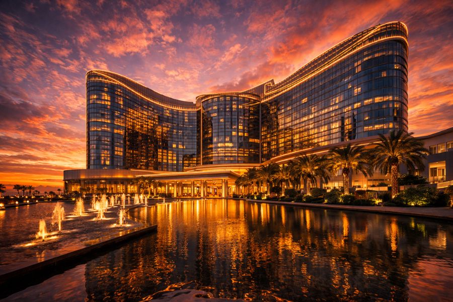 マカオ風の統合型リゾート施設外観と水景演出