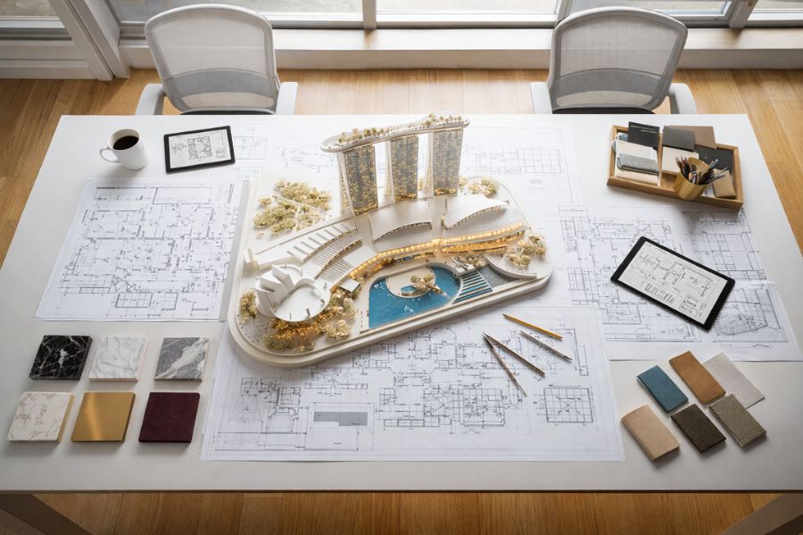 IR施設の設計図面と模型が並ぶ設計事務所