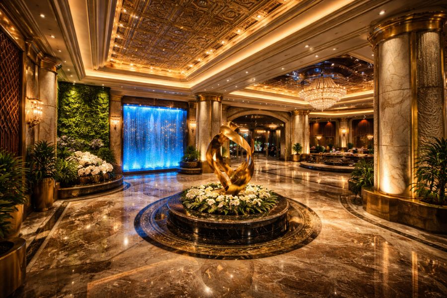 複数の装飾手法を組み合わせたIRリゾートエントランス