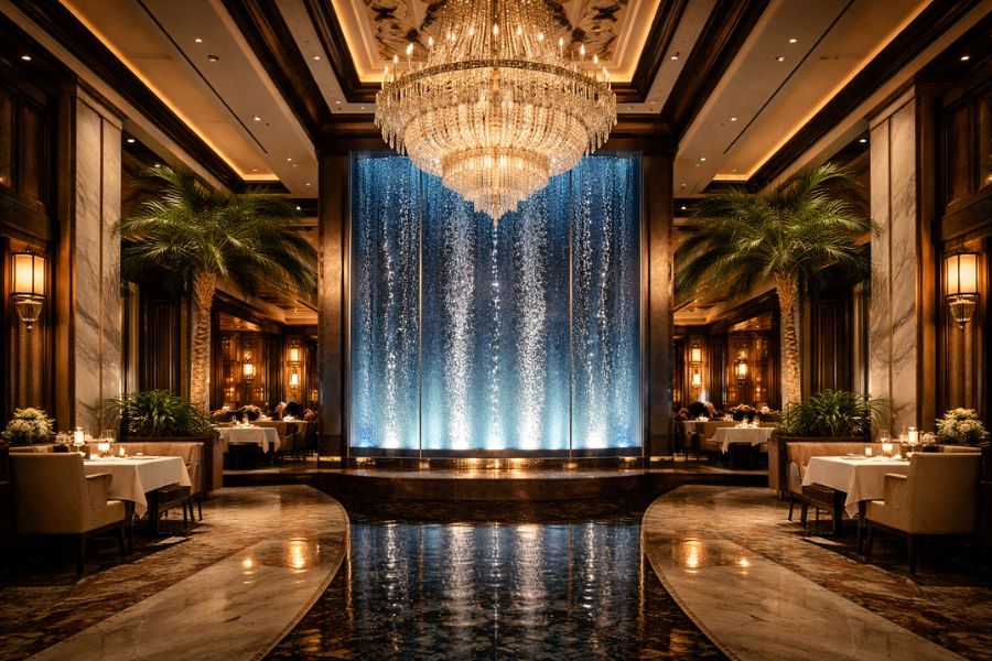 IR施設レストランの内装デザイン手法｜シャンデリアとウォーターウォールを組み合わせた空間演出