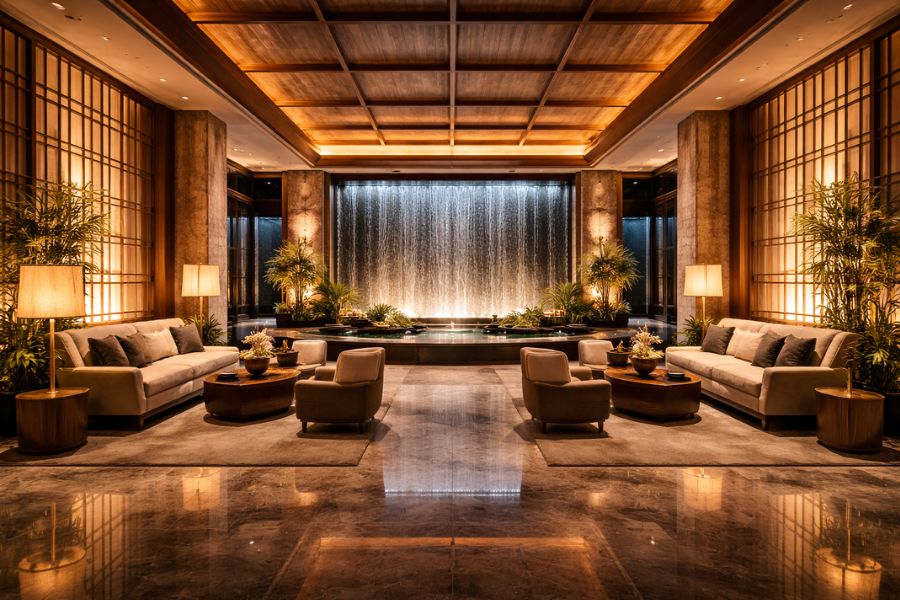 和モダンデザインのIRロビーとウォーターフィーチャー