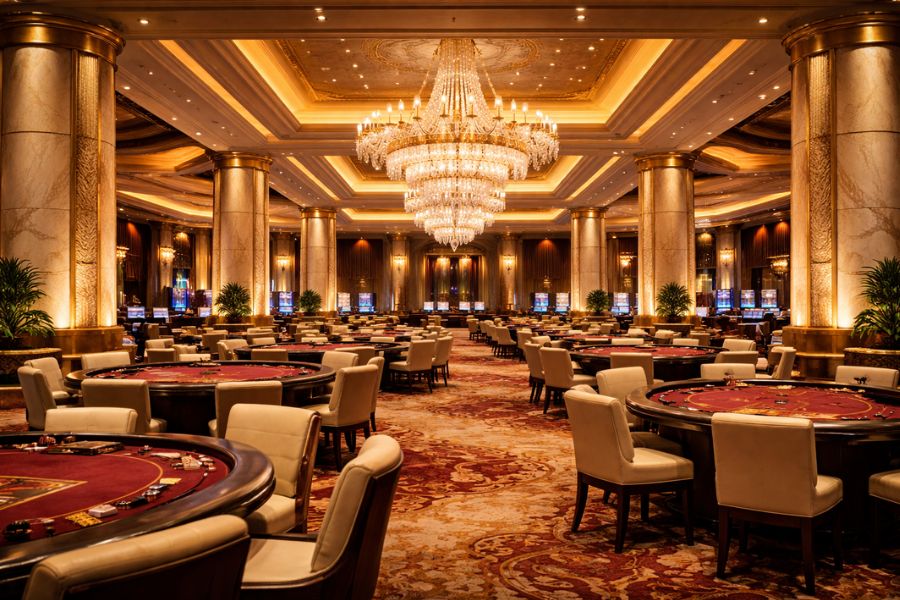クリスタルシャンデリアが輝く高級カジノフロアの内装
