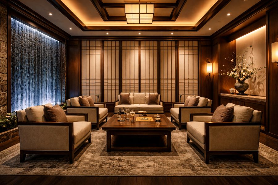 大阪IR向け和モダンVIPルームとウォーターウォールの設計イメージ