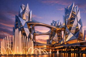 夕暮れの大阪IR統合型リゾート外観と噴水ショーのイメージ