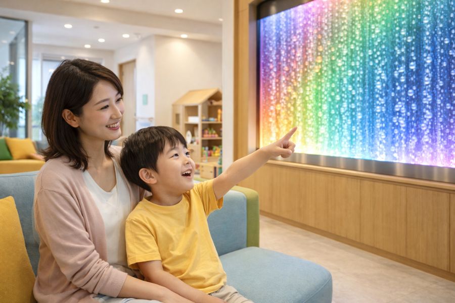 小児科クリニックでバブルウォールに夢中になる子どもと見守る母親