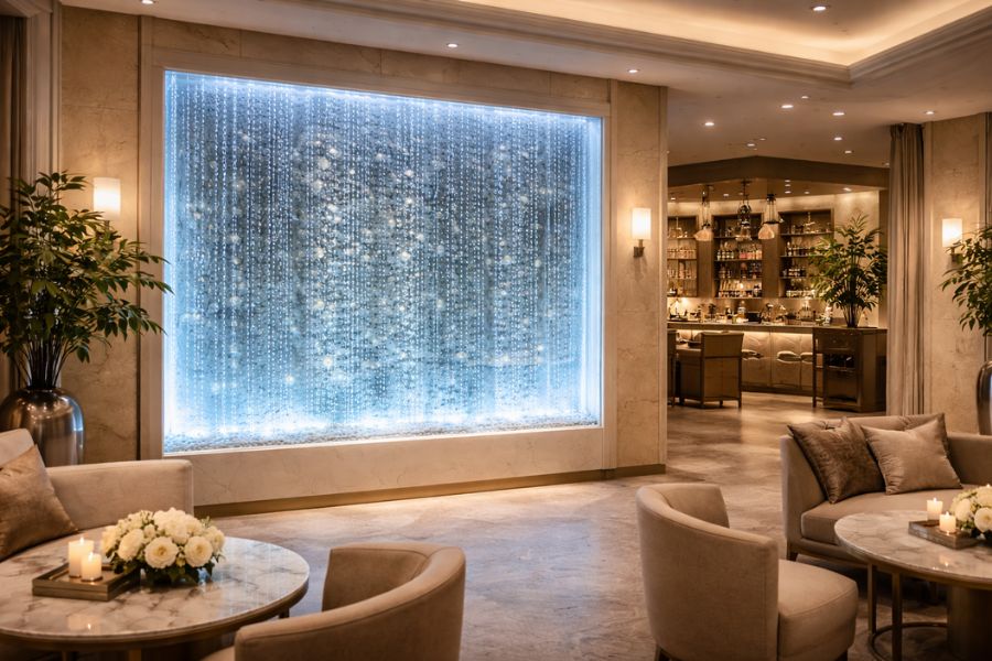 商業施設エントランスに設置されたバブルウォールの導入事例