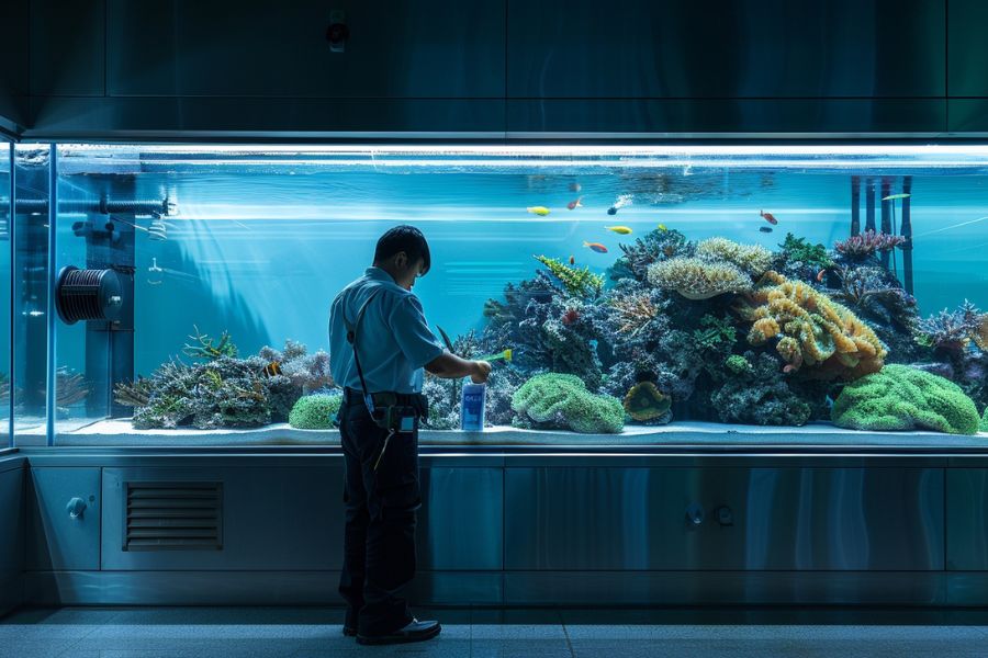 プロ技術者による大型デザイナーズ水槽のメンテナンス作業