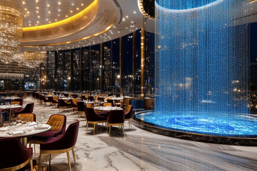 カジノ併設高級レストランに設置されたウォーターウォールが幻想的な光を放つ夜の内観