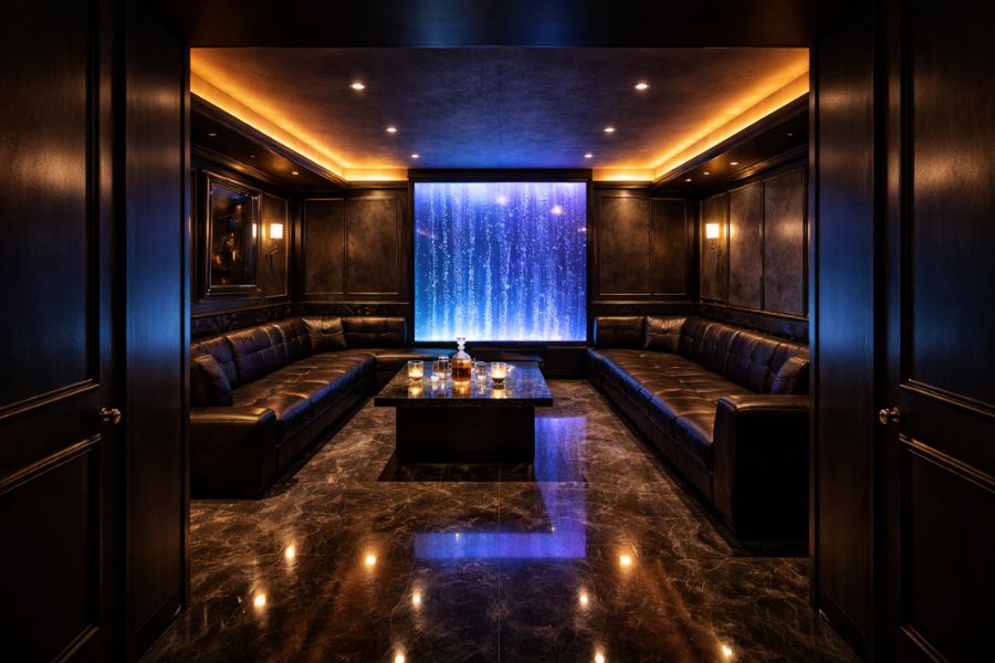 完成直後のナイトクラブVIPルームを入口から望む全景。レザーソファ、間接照明、奥壁のバブルウォールが揃った開業前の空間