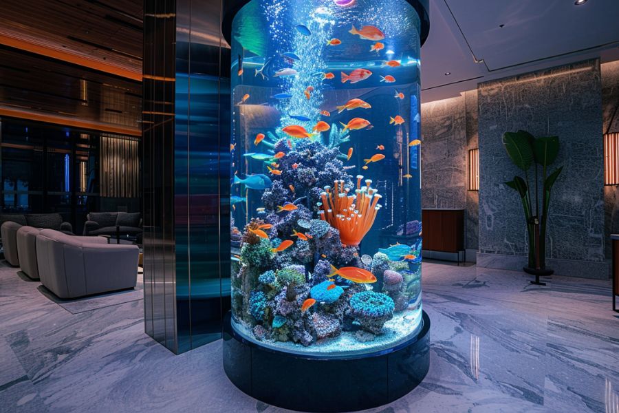 熱帯魚が泳ぐ円柱型デザイナーズ水槽のクローズアップ