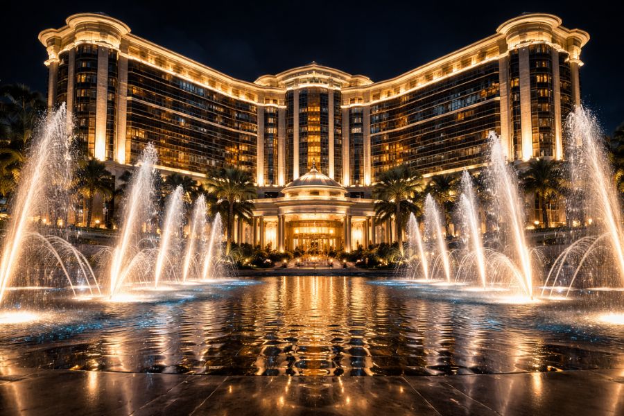 噴水が輝く世界的IR施設の夜景外観