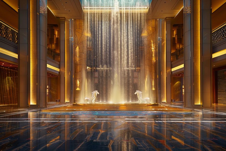 IR施設カジノロビーの壮大なウォーターウォール演出