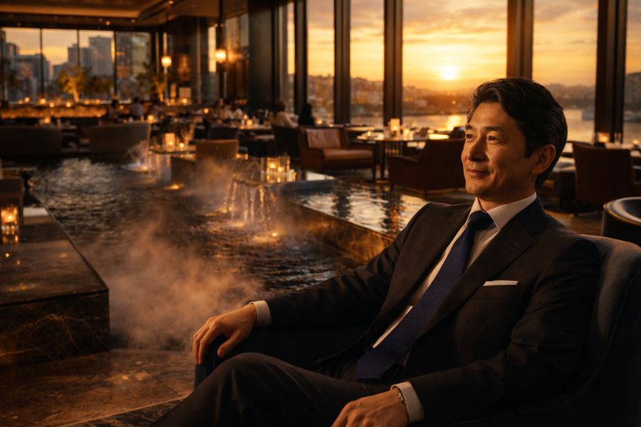 IR施設のラウンジで寛ぐVIP顧客と上質な飲食空間