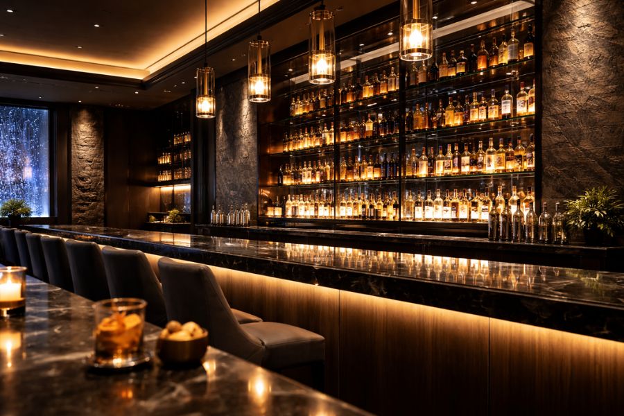 高級ラウンジのカウンターとバックバー照明の演出