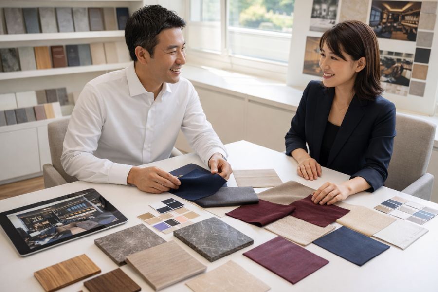 高級ラウンジの内装コンセプトを打ち合わせるデザイナーとオーナー
