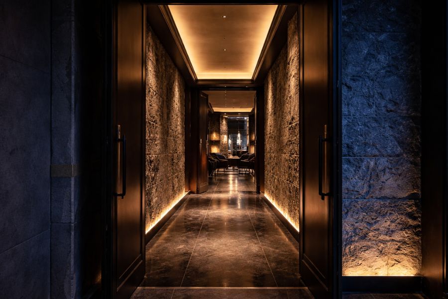 高級ラウンジのエントランスアプローチ｜非日常への導入演出