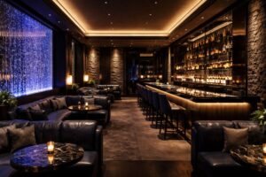 高級ラウンジの内装デザイン全景｜バブルウォールのある洗練された空間