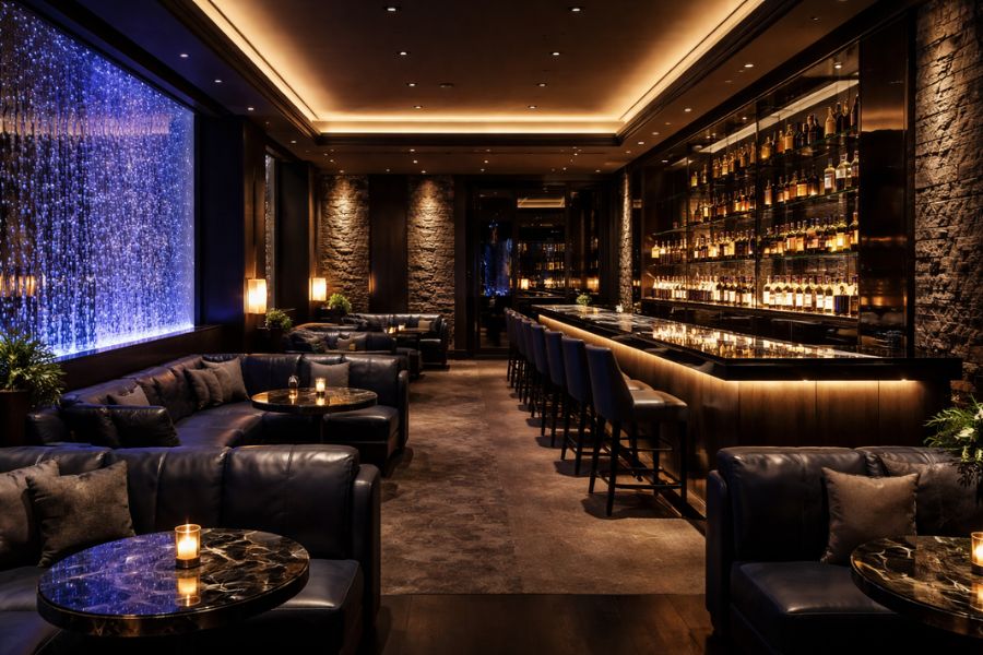 高級ラウンジの内装デザイン全景｜バブルウォールのある洗練された空間