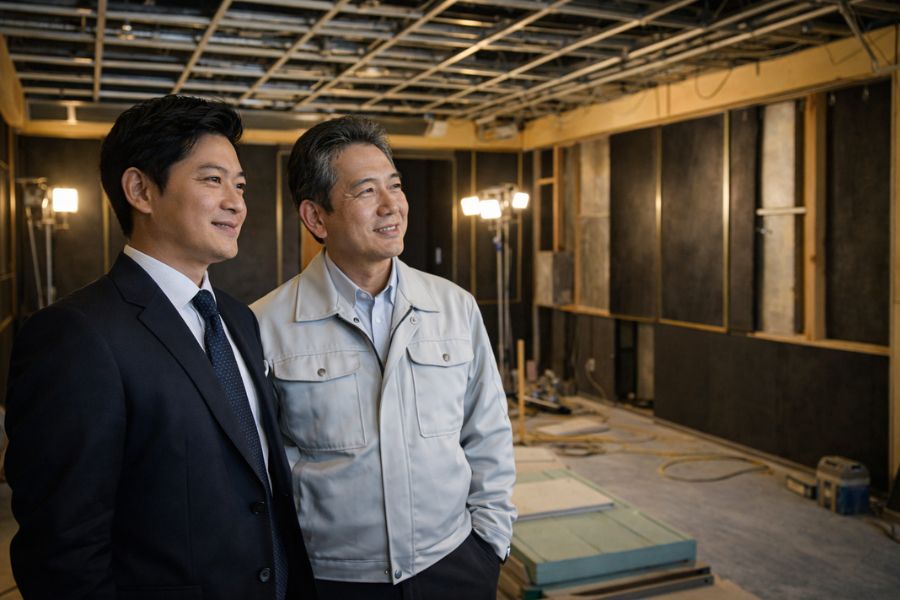 施工中のVIPルームで打ち合わせをするナイトクラブ経営者と施工業者。壁面パネルの設置が進む改装現場