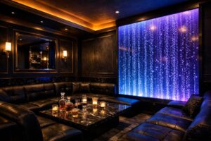 ナイトクラブVIPルームの高級感ある内装デザイン。ダークネイビーの壁面とゴールドのアクセント、レザーソファ、バブルウォールのLED演出が織りなすラグジュアリー空間