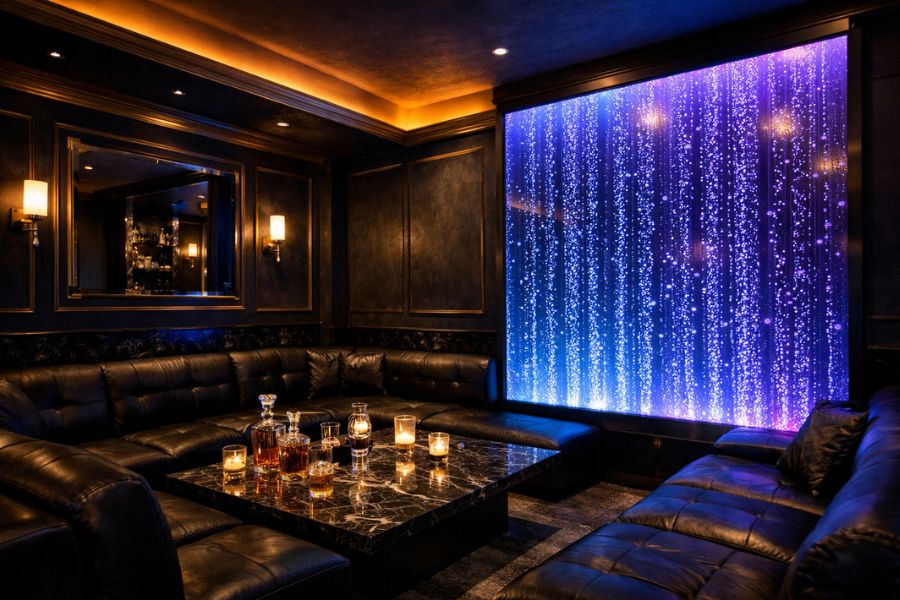ナイトクラブVIPルームの高級感ある内装デザイン。ダークネイビーの壁面とゴールドのアクセント、レザーソファ、バブルウォールのLED演出が織りなすラグジュアリー空間