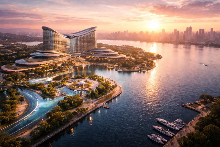 朝日に輝く大阪湾岸の近未来的IR施設コンセプトイメージ