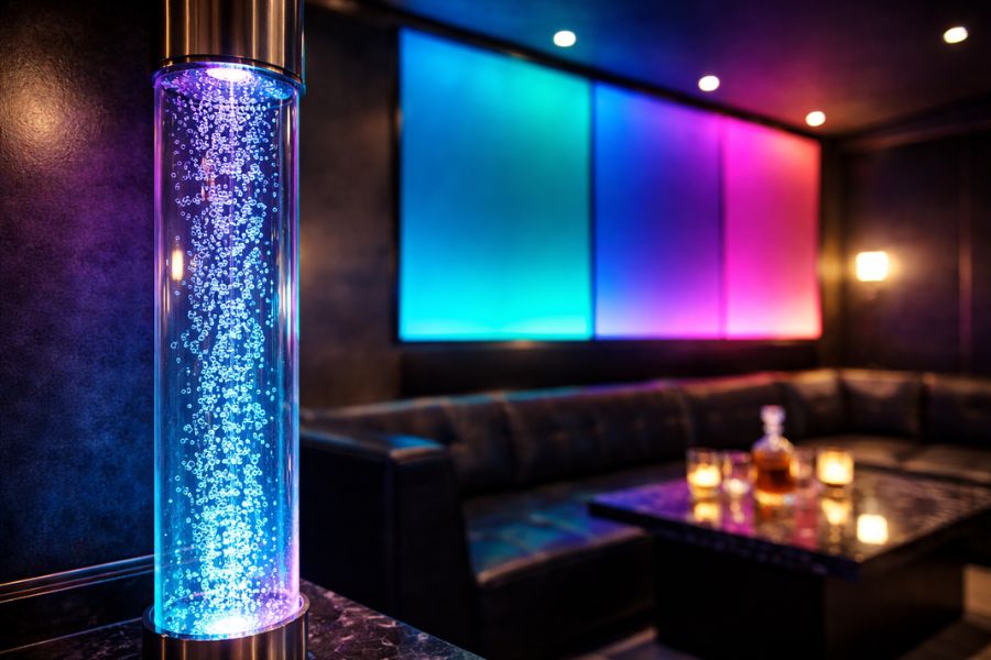 最新トレンドのスマート照明とバブルポールが映えるVIPラウンジ。LEDで色が変化するアクリル気泡柱と壁面のグラデーションライティング