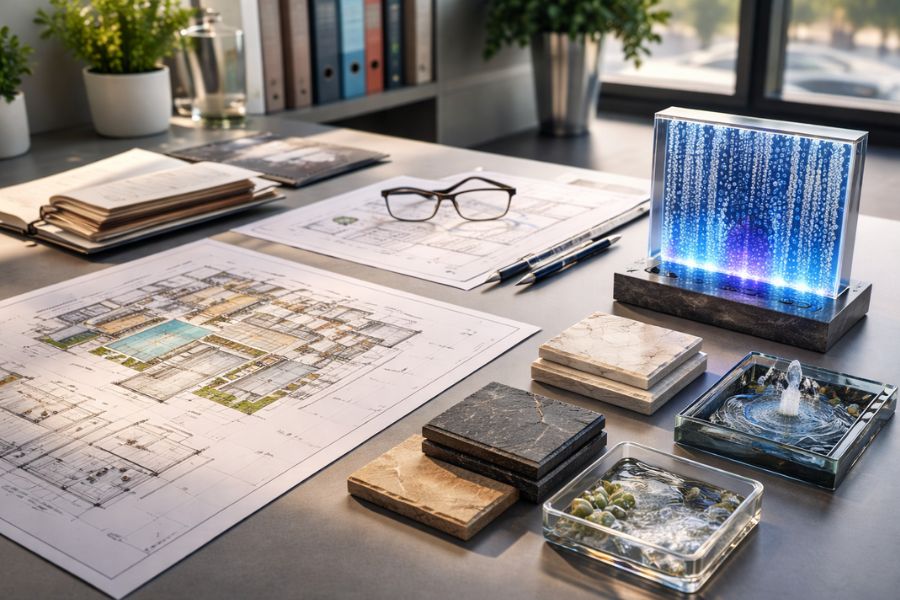 ウォーターインテリアの設計図面とサンプルが並ぶデザインオフィス