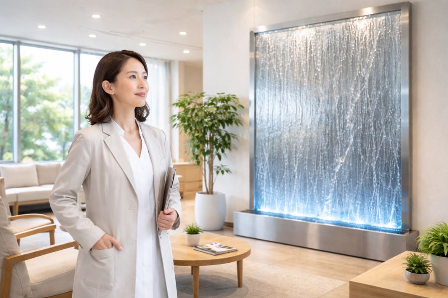 クリニック待合室に設置されたパネル型ウォーターウォールと導入を検討する経営者