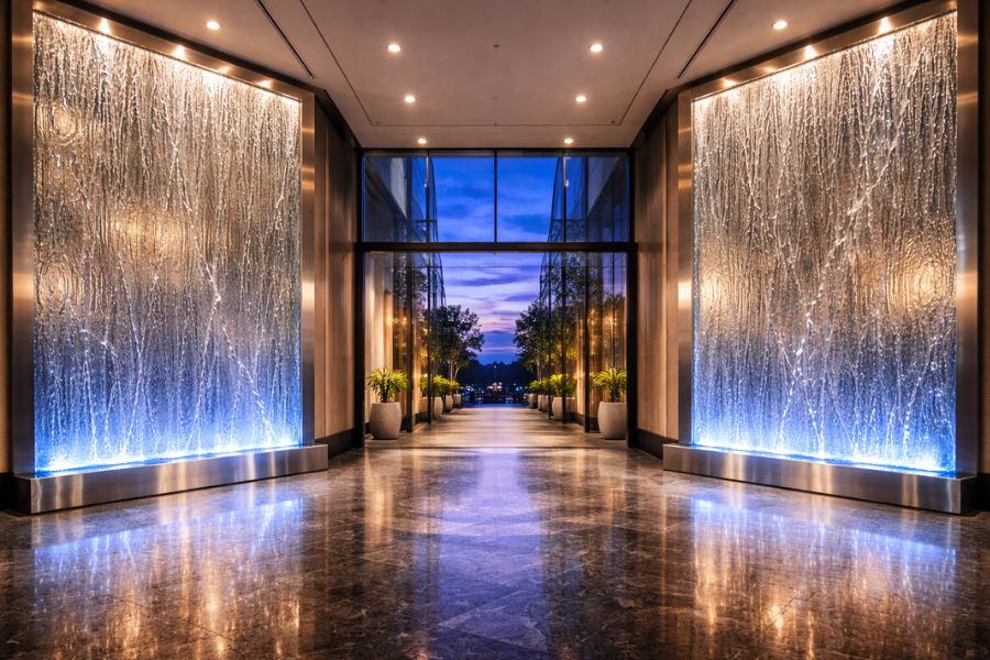商業施設エントランスに設置された大型ウォーターウォールの壮大な水景演出