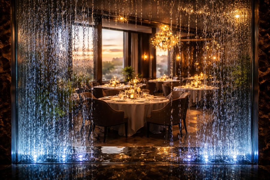 ウォーターウォール越しに見える洗練されたファインダイニング空間